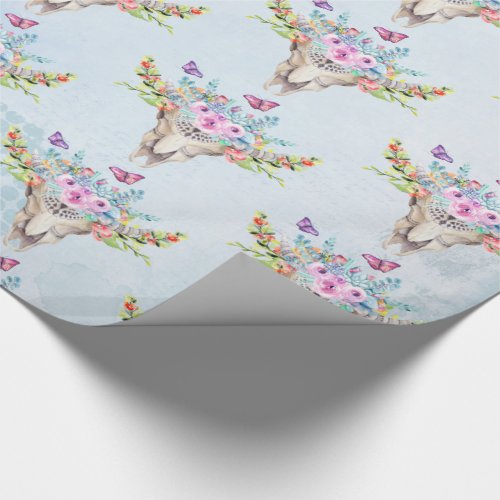 Boho Animal Skull with Butterflies and Flowers Wrapping Paper