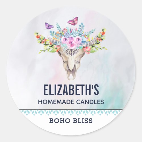Boho Animal Skull with Butterflies Candle  Soap Classic Round Sticker