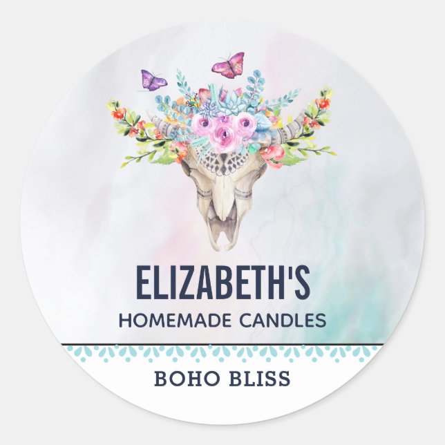 Boho Animal Skull with Butterflies Candle / Soap Classic Round Sticker (Front)