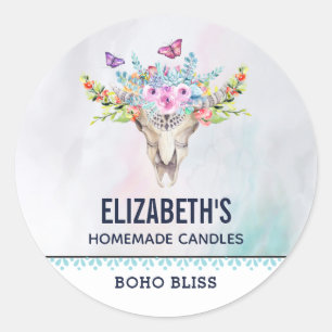 Boho Animal Skull with Butterflies Candle / Soap Classic Round Sticker