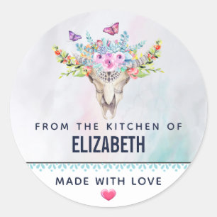 Boho Animal Skull with Butterflies Kitchen Classic Round Sticker