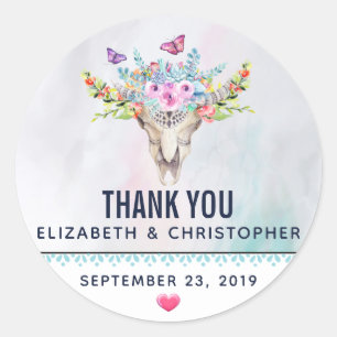 Boho Animal Skull with Butterflies Wedding Thanks Classic Round Sticker
