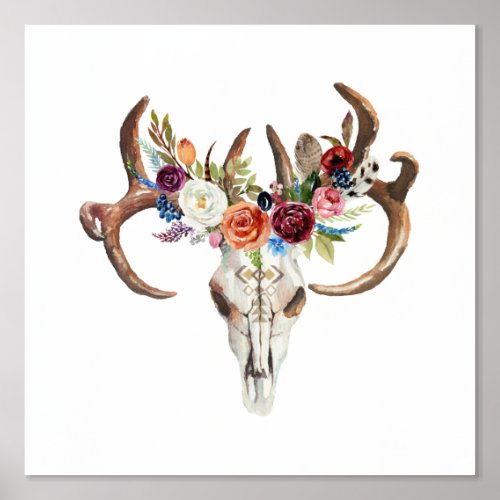 Boho Animal Skull With Colorful Boho Flowers Foil Prints