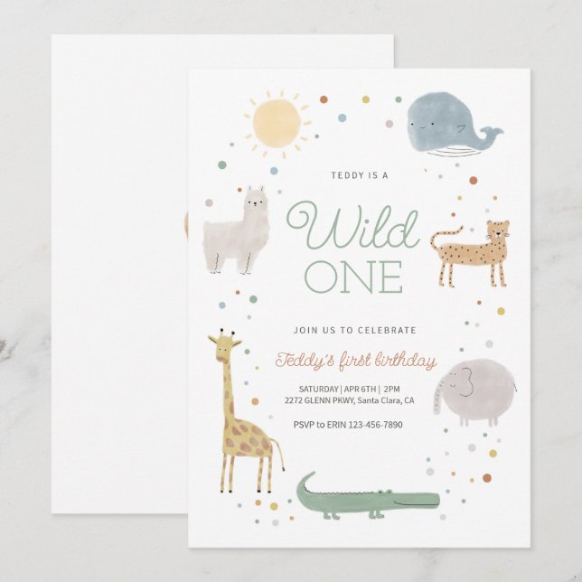 Boho animal wild one birthday invitation (Front/Back)