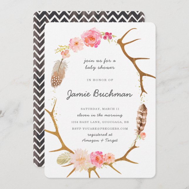 Boho Antler Baby Shower Invite (Front/Back)