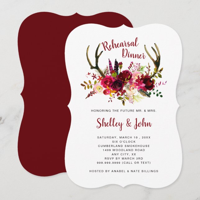 Boho Antler Burgundy Floral Rehearsal Dinner Invitation (Front/Back)