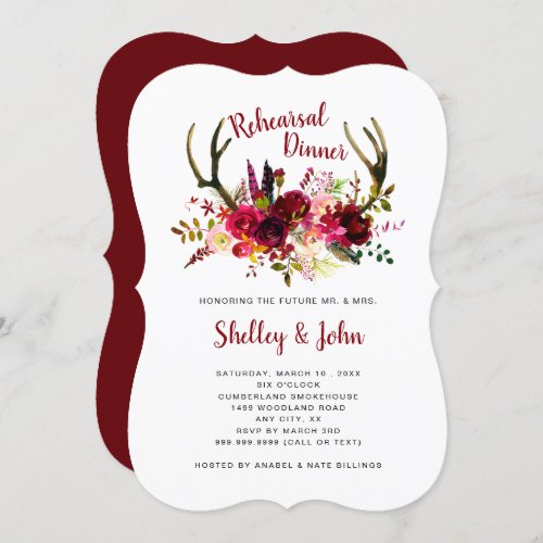 Boho Antler Burgundy Floral Rehearsal Dinner Invitation