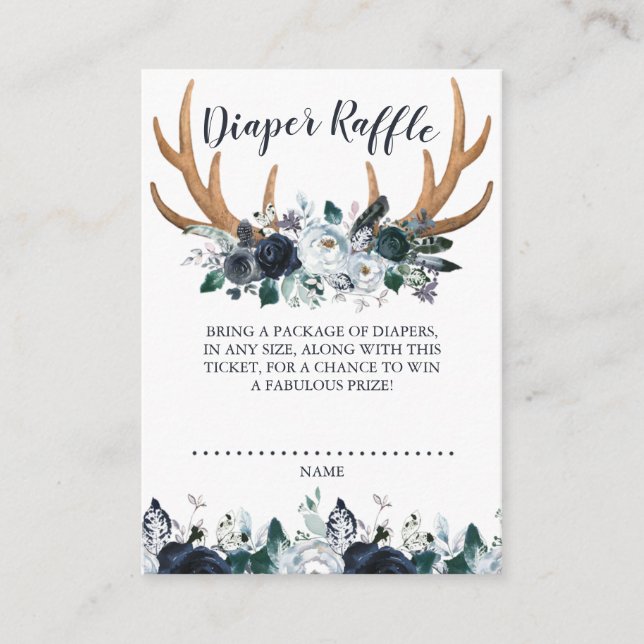 Boho Antler Navy Floral Baby Shower Diaper Raffle Enclosure Card (Front)