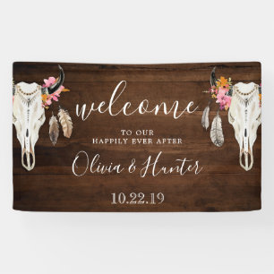 Boho Antler Skull Dark Wood Wedding Welcome Banner