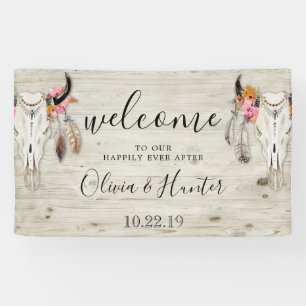 Boho Antler Skull Light Wood Wedding Welcome Banner