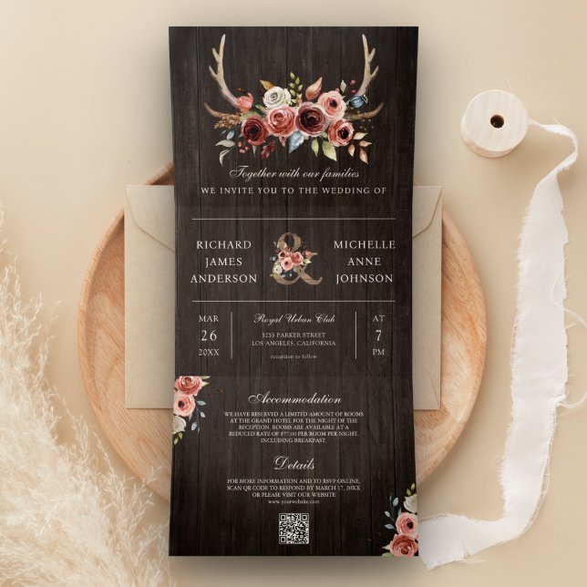 Boho Antler Terracotta Floral QR Code Wood Wedding Tri-Fold Invitation (Creator Uploaded)