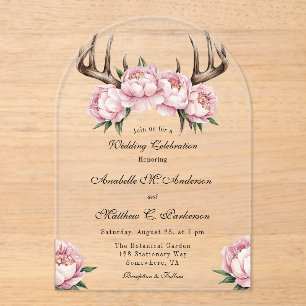 Boho Antler with Pink Peonies Wedding Celebration Acrylic Invitations