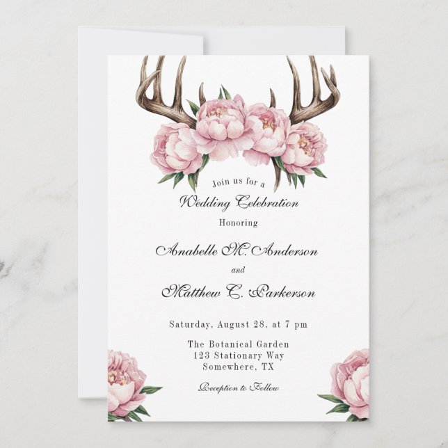 Boho Antler with Pink Peonies Wedding Celebration  Invitation (Front)
