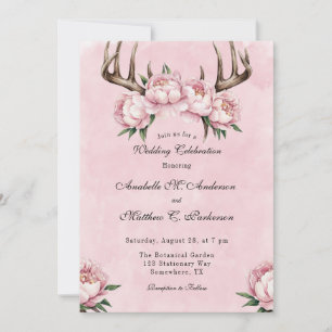 Boho Antler with Pink Peonies Wedding Celebration Invitation