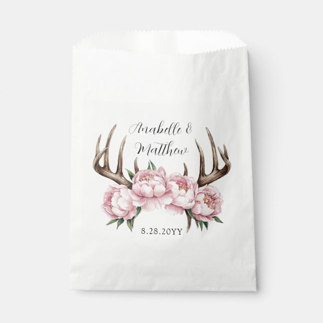 Boho Antler with Pink Peonies Wedding Favor Bag (Front)
