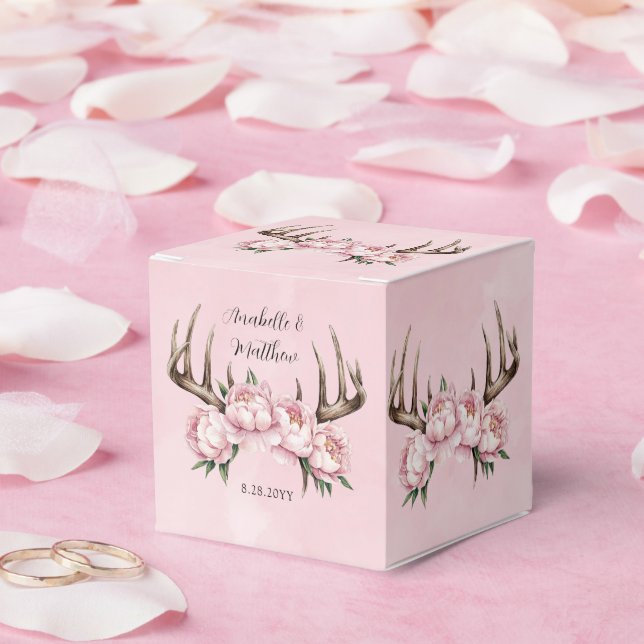 Boho Antler with Pink Peonies Wedding Favor Boxes (Wedding)