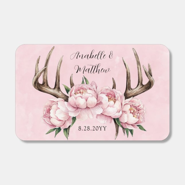Boho Antler with Pink Peonies Wedding Matchboxes (Front)