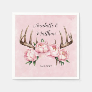 Boho Antler with Pink Peonies Wedding Napkins