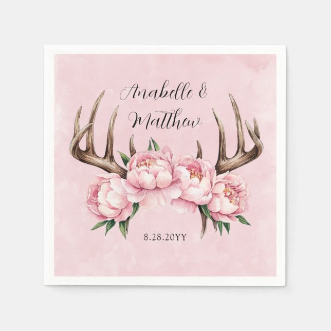 Boho Antler with Pink Peonies Wedding Napkins (Front)