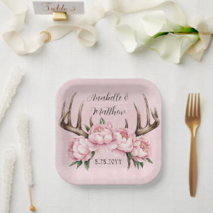 Boho Antler with Pink Peonies Wedding Paper Plates