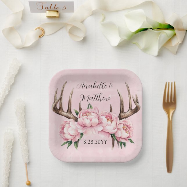Boho Antler with Pink Peonies Wedding Paper Plates (Wedding)