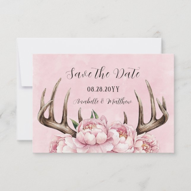 Boho Antler with Pink Peonies Wedding Save The Date (Front)