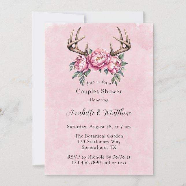 Boho Antler with Pink Peonies Wedding Shower Invitation (Front)