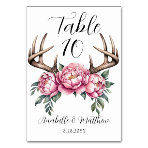 Boho Antler with Pink Peonies Wedding Table Number
