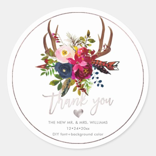 Boho AntlersBurgundy Blush Navy FlowersThank You Classic Round Sticker