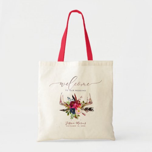 Boho Antlers Burgundy Flowers Welcome Gifts Tote Bag