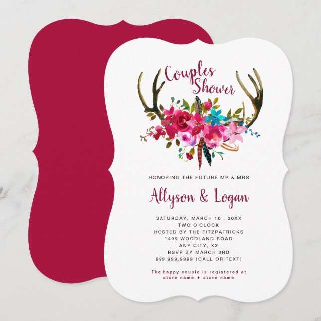 Boho Antlers Fuchsia Pink Floral Couples Shower Invitation (Front/Back)