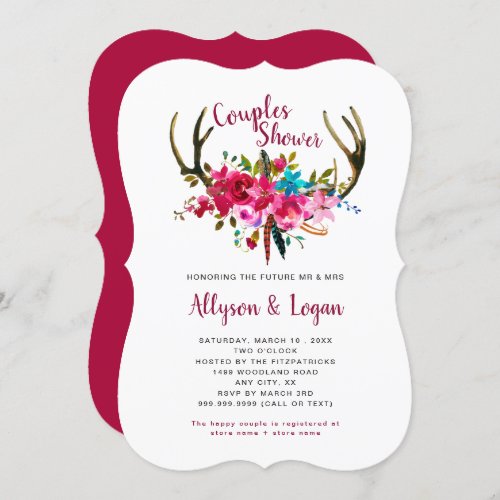 Boho Antlers Fuchsia Pink Floral Couples Shower Invitation