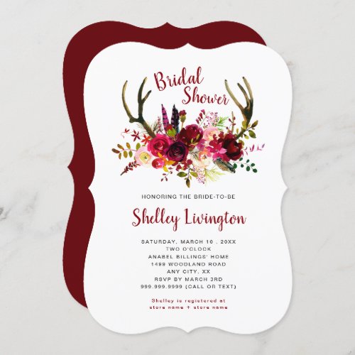 Boho Antlers Marsala Floral Bridal Shower Invitation