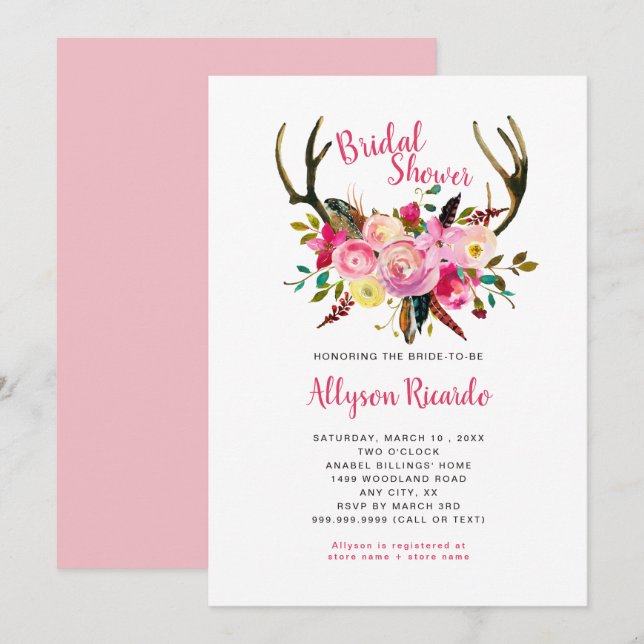 Boho Antlers Pink Mix Floral Bridal Shower Invitation (Front/Back)