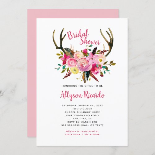 Boho Antlers Pink Mix Floral Bridal Shower Invitation