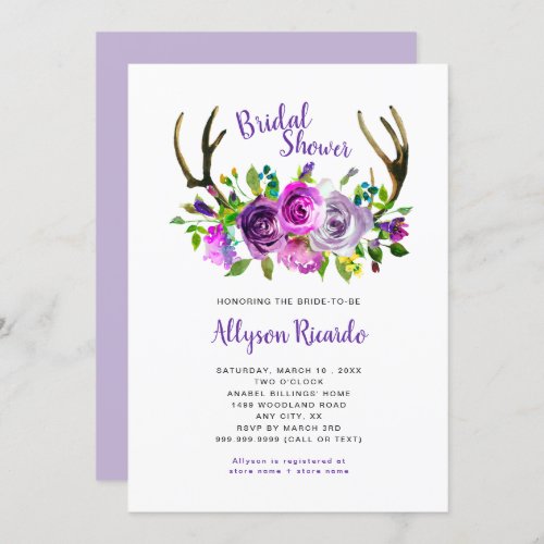 Boho Antlers Purple Mix Floral Bridal Shower Invitation