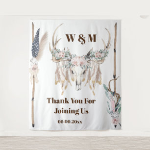 Boho antlers rose feather wood rustic indian tapestry