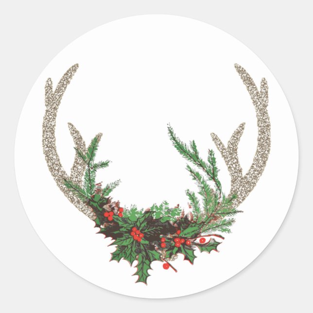 Boho Antlers Rustic Floral Christmas Deer Flowers Classic Round Sticker (Front)