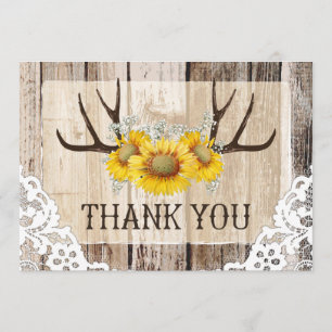 Boho Antlers Rustic Wood Sunflowers Lace Thank You