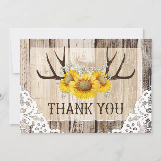 Boho Antlers Rustic Wood Sunflowers Lace Thank You Zazzle