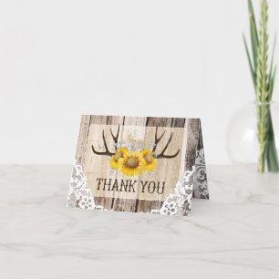 Boho Antlers Rustic Wood Sunflowers Lace Thank You Card