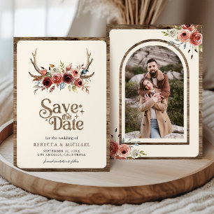 Boho Antlers Terracotta Floral Photo Wedding Save The Date