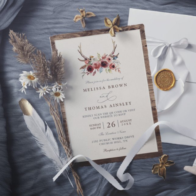 Boho Antlers Terracotta Floral QR Code Wedding Invitation (Creator Uploaded)