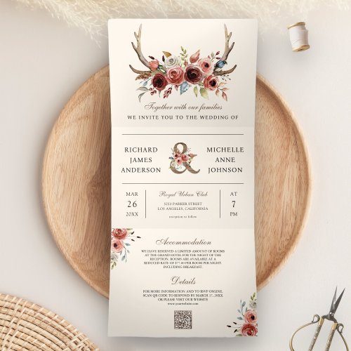 Boho Antlers Terracotta Floral QR Code Wedding Tri_Fold Invitation
