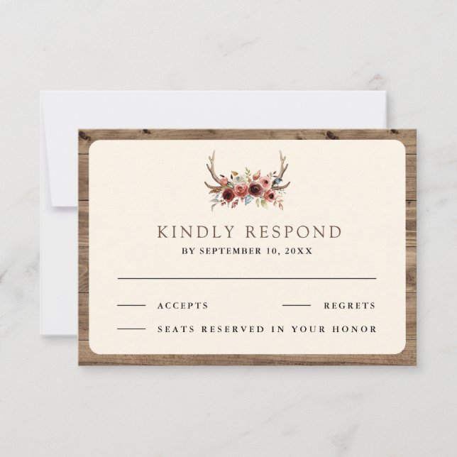 Boho Antlers Terracotta Floral Wedding RSVP Card (Front)