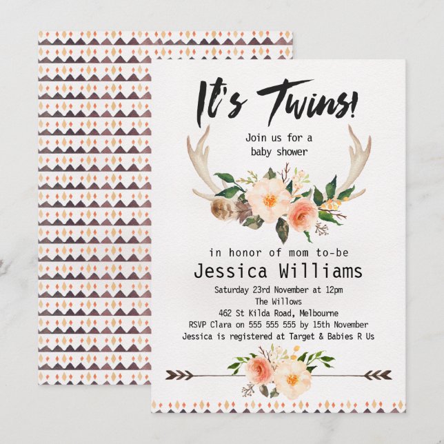 Boho Antlers Twins Baby Shower Invitation (Front/Back)