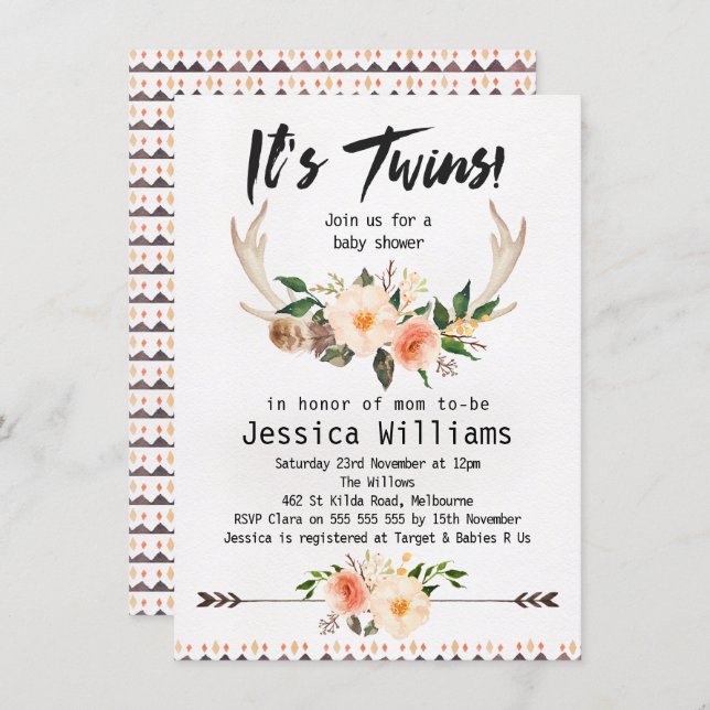 Boho Antlers Twins Baby Shower Invitation (Front/Back)