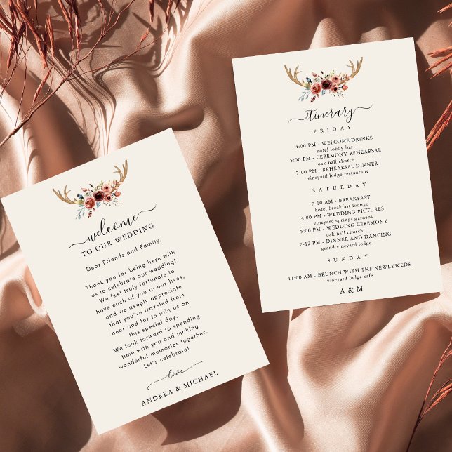 Boho Antlers Wedding Welcome Letter Itinerary Card (Creator Uploaded)