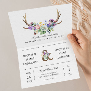 Boho Antlers Wildflower Floral QR Code Wedding Invitation