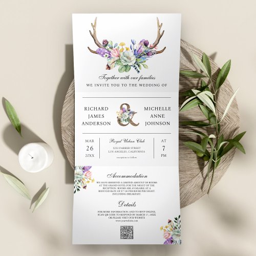 Boho Antlers Wildflower Floral QR Code Wedding Tri_Fold Invitation